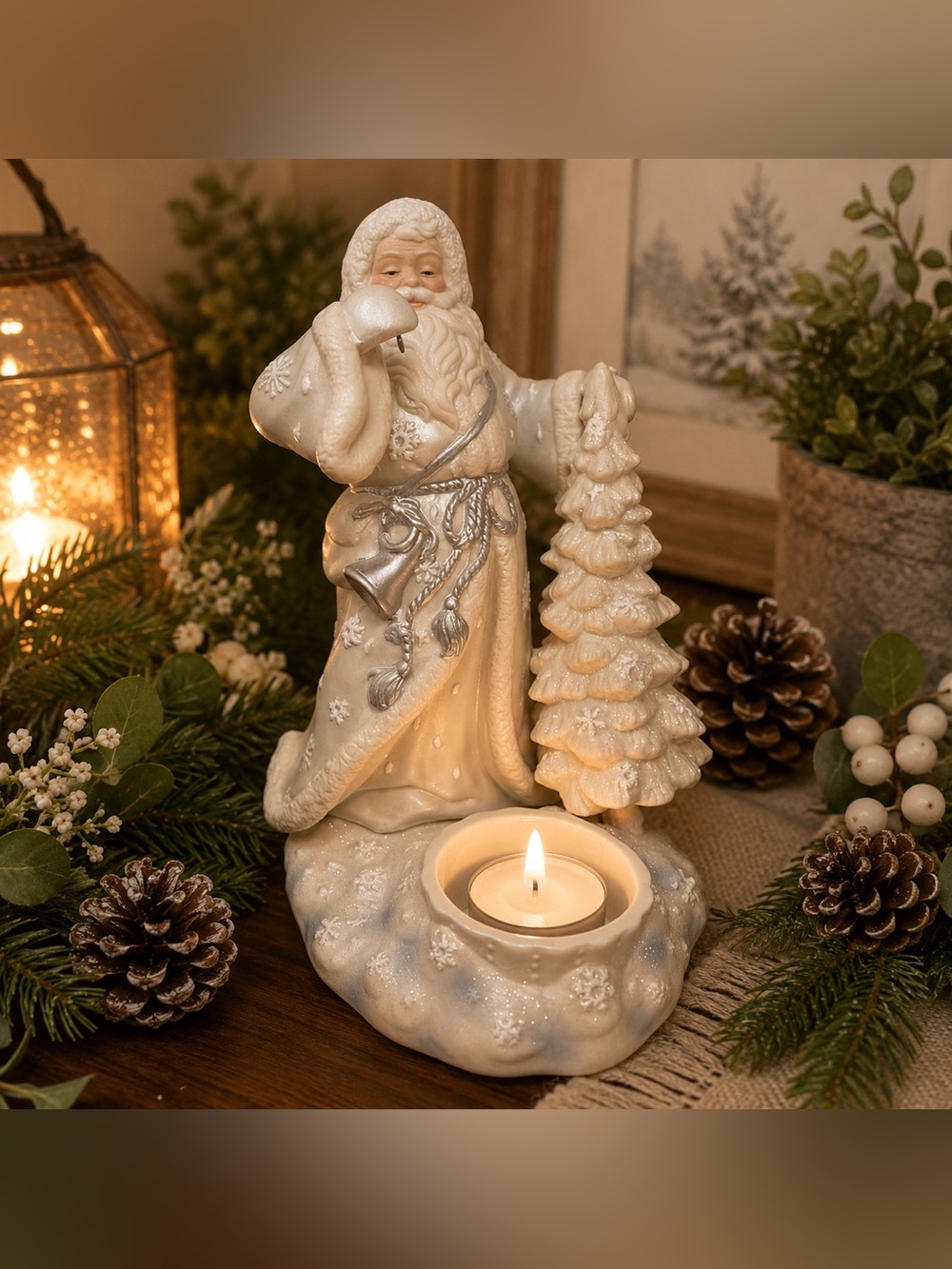 Vintage Ceramic Santa Votive Holder White & Silver Snowflake Christmas Figurine